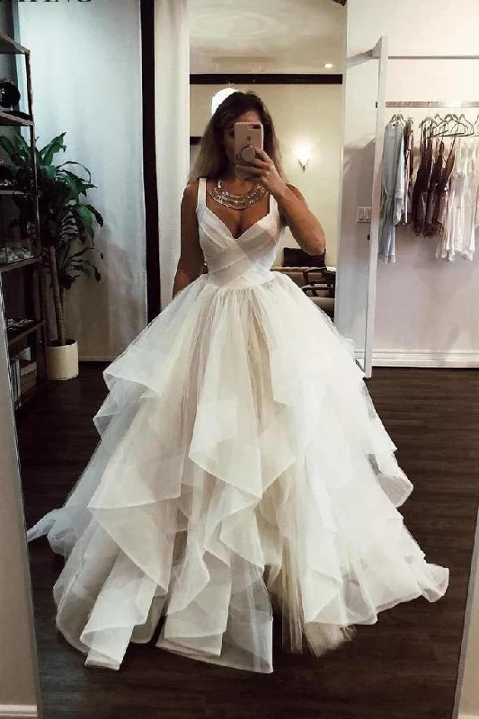 Elegant Ivory Tulle V Neck Spaghetti Straps Wedding Dresses Long Cheap Prom Dresses P1024 Soft Wedding Gown