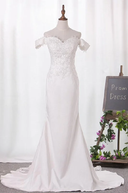 Elegant Mermaid Off the Shoulder Sweetheart Lace Appliques Satin Wedding Dresses WK816 Mermaid Lace Gown