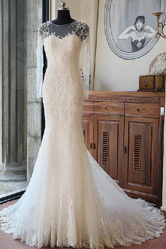 Elegant Mermaid Scoop Neck Tulle Beads Lace Appliques Chapel Train Long Sleeve Wedding Dress WK739 Wedding Gown Set