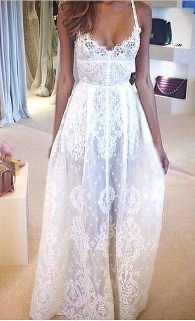 Flowy Full Lace Sexy Spaghetti Strap Applique Romantic Sheer Beach Wedding Dresses Modern Wedding Gown