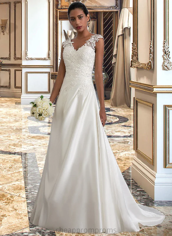 Haleigh Ball-Gown/Princess V-neck Sweep Train Satin Wedding Dress With Ruffle Beading Sequins STIP0013693 Chic Bridal Gown