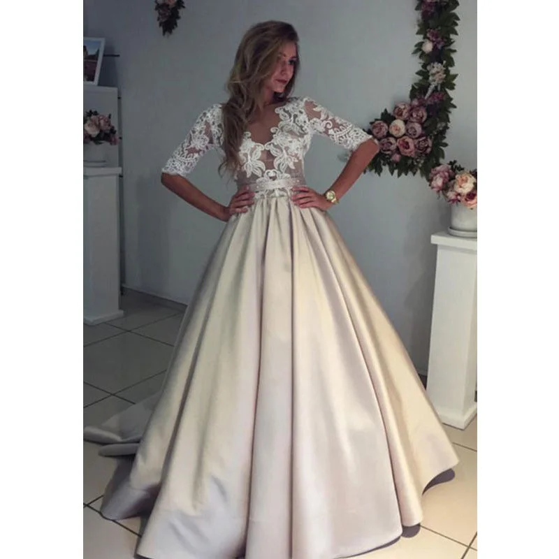 Half Sleeves Lace Top Satin Eleagnt Bridal Long Wedding Dresses, WG1244 Embroidered Wedding Dress