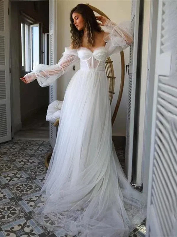 Long Sleeves Simple Wedding Dresses, A-line Tulle Wedding Dresses, 2022 Newest Long Prom Dresses Classic Bridal Dress