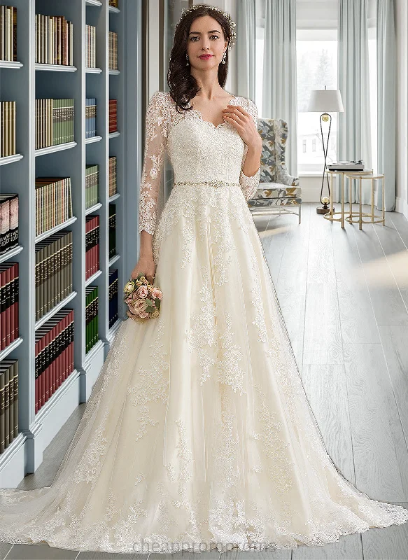 Pru Ball-Gown/Princess V-neck Chapel Train Tulle Wedding Dress With Beading Sequins STIP0013695 Lace Sleeveless Dress