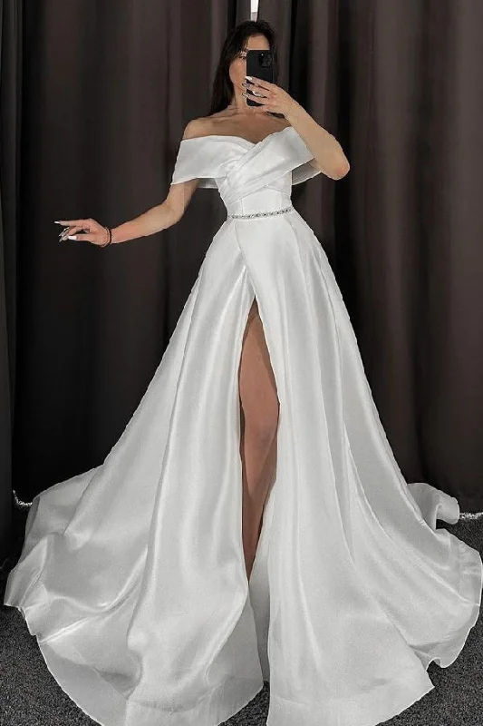 Sexy Off-the-Shoulder White A-Line Wedding Dress Satin With High Slit Empire Waist Dress