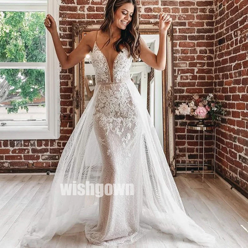 Sexy V-neck Spaghetti Strap Lace Long Bridal Dresses WDH021 Vintage Wedding Gown