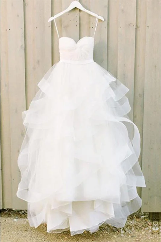 Sweetheart White Layers Long Ball Gown Spaghetti Strap Tulle Floor-length Wedding Dress WK215 Satin Lace Gown