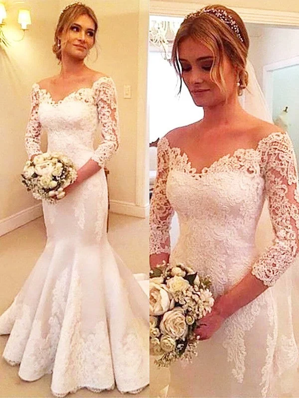 Trumpet/Mermaid 3/4 Sleeves Satin Off-the-Shoulder Lace Court Train Wedding Dresses TPP0006266 Lace Wedding Dress