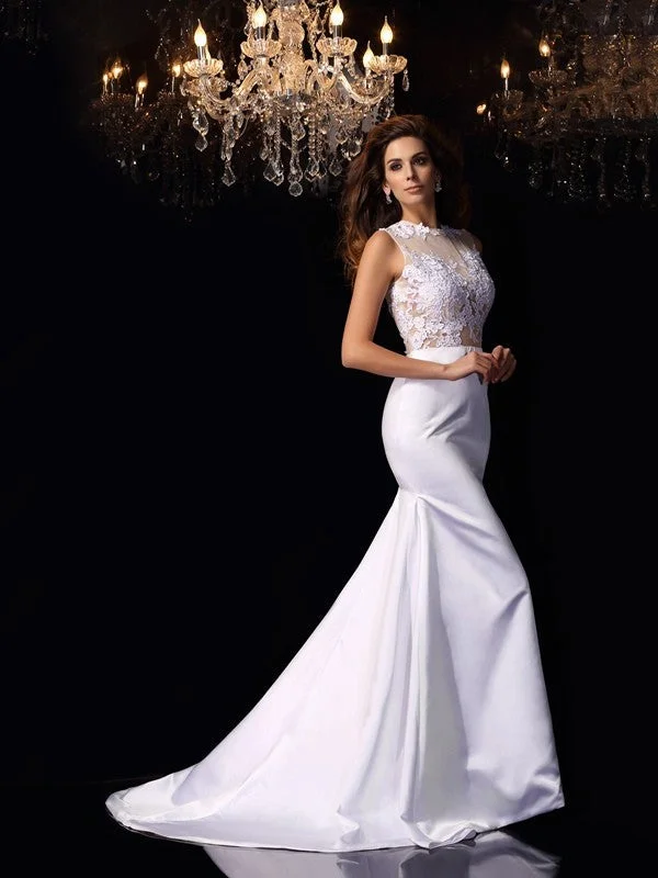 Trumpet/Mermaid High Neck Applique Sleeveless Long Satin Wedding Dresses TPP0006286 Beaded Bridal Gown