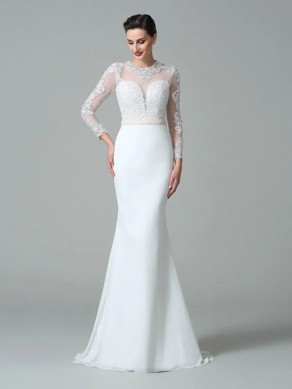 Trumpet/Mermaid Jewel Lace Long Sleeves Long Satin Wedding Dresses TPP0006249 Lace Wedding Gown