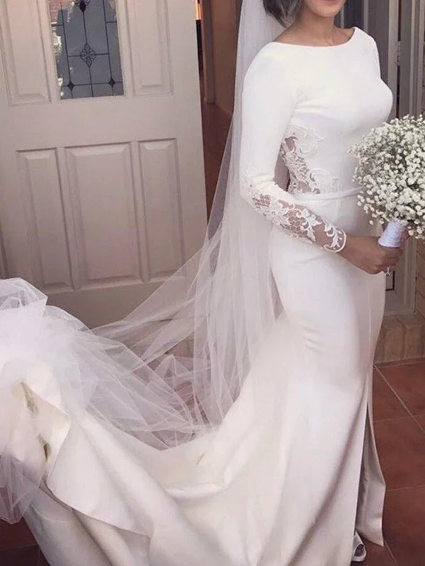 Trumpet/Mermaid Long Sleeves Scoop Court Train Lace Satin Wedding Dresses TPP0006261 Sheer Wedding Dress