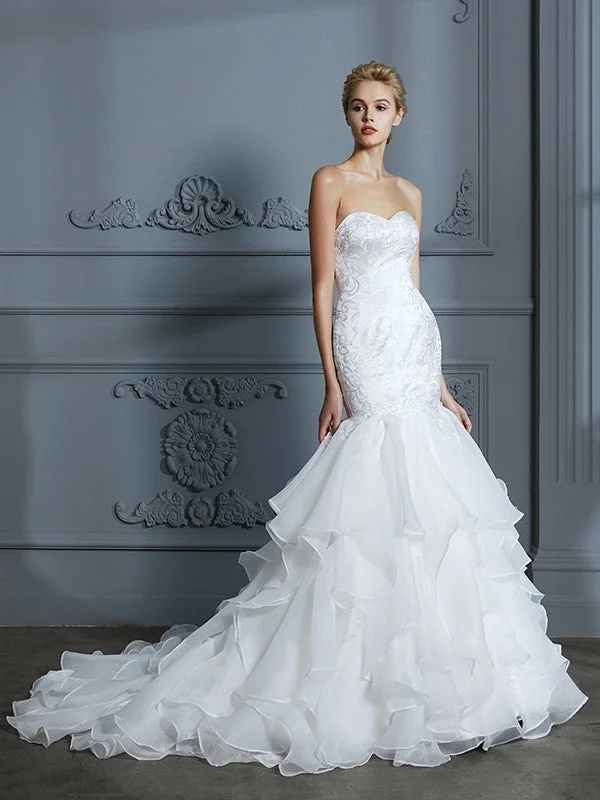 Trumpet/Mermaid Sweetheart Sleeveless Ruffles Sweep/Brush Train Organza Wedding Dresses TPP0006298 Illusion Lace Gown