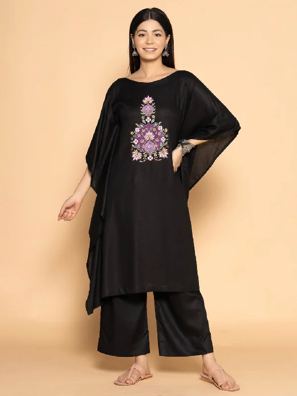 Black Rayon Long-Kaftan - Mughal motif Date night maxi dresses