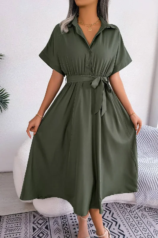 CASUAL LOOSE SOLID COLOR LACE UP SHIRT LONG DRESS_CWDSD2508 Casual maxi dresses