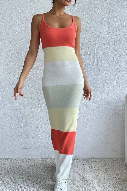 COLOR STRIPED BACKLESS SLIT KNIT SLIP MAXI DRESS_CWDMD1308 Fashion-forward maxi dresses