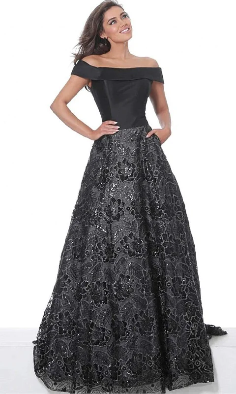 Jovani - 03331 Off Shoulder Satin Bodice Embroidered A-Line Gown Plus size party dresses