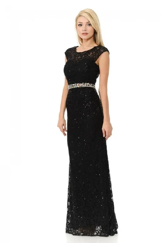 Lenovia - 5152 Sheer Sequin Lace Gown with Crystal Beaded Belt Summer party dresses