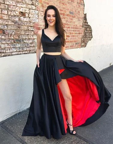 2020 new stylish two pieces black side slit prom dresses, PD6576 Plus size unclassified dresses