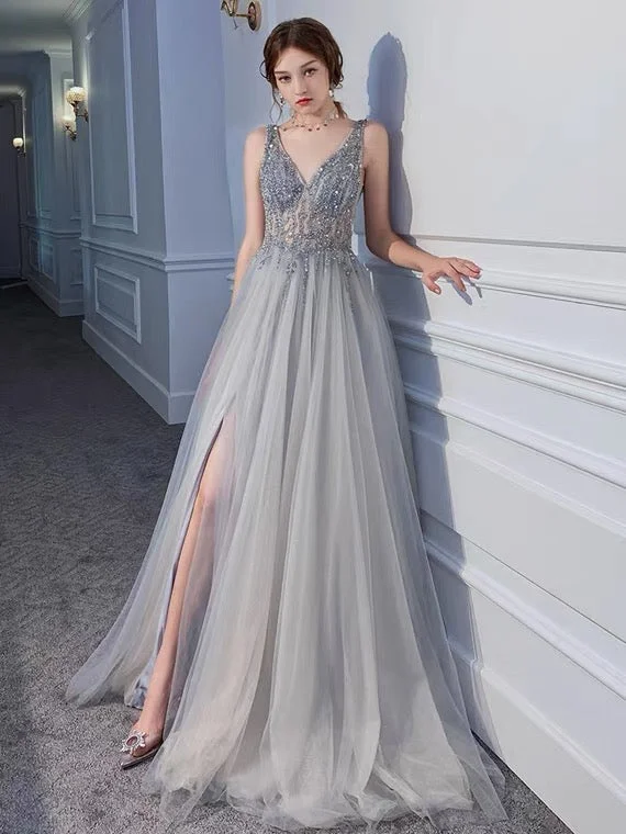 2021 V-Neck Beaded Side Split A Line Sparkling Evening Prom Dresses Women Formal Gowns ZF0004 Knitted unclassified dresses