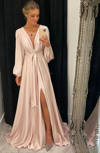 2022 A-Line V-neck Floor-Length Prom Dresses With Split Front, PD221025 Women's unclassified dresses