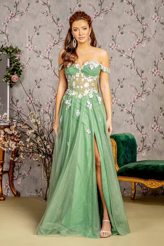 3D Floral Off Shoulder A-line Slit Gown by GLS Gloria GL3227 Designer floral dresses