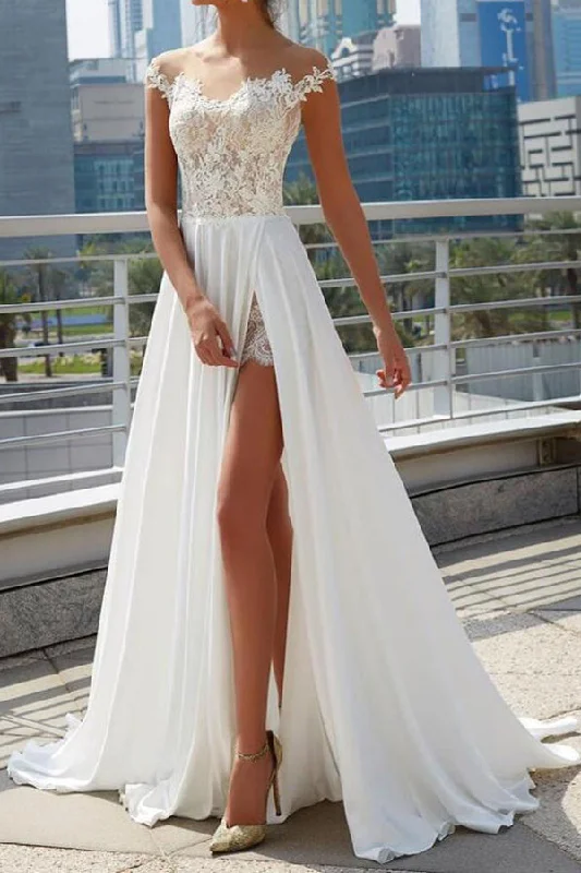 A-line Bridal Dress with See-Through Off-Shoulder Neckline and Side Slit , WD23022390 Ruched unclassified dresses