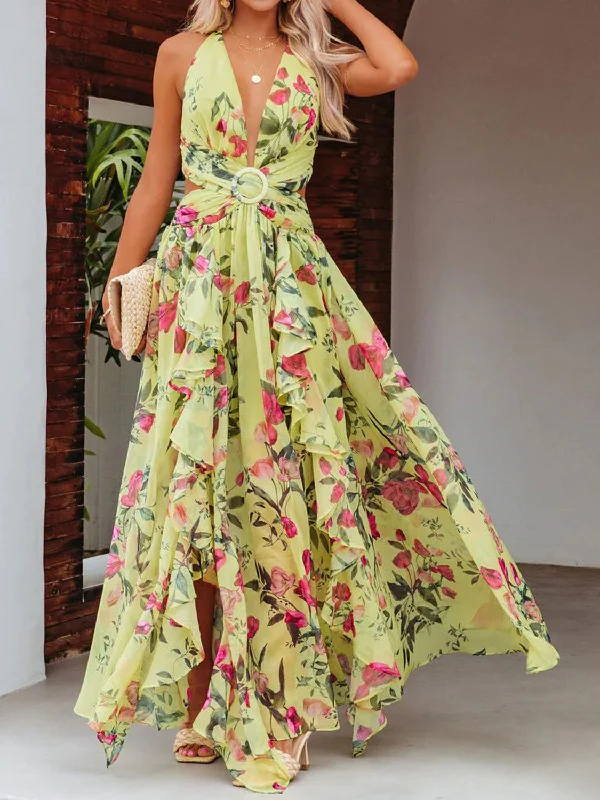 Backless Printed Plunge Sleeveless Dress Outdoor floral dresses