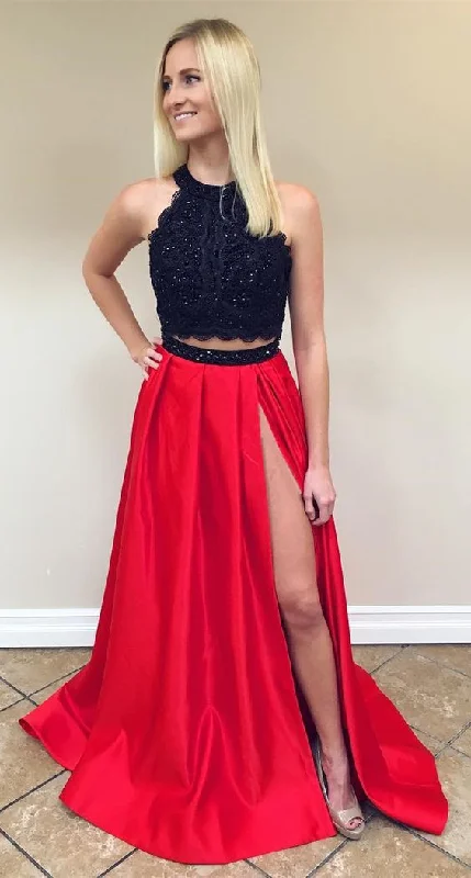 Black and Red Two-Piece Satin Princess A-Line Prom Dress, PD23032210 Denim unclassified dresses