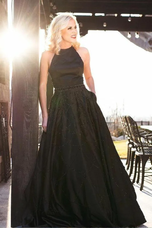 Black Beaded Satin Halter A-Line Backless Prom Dress, PD2305202 Luxury unclassified dresses