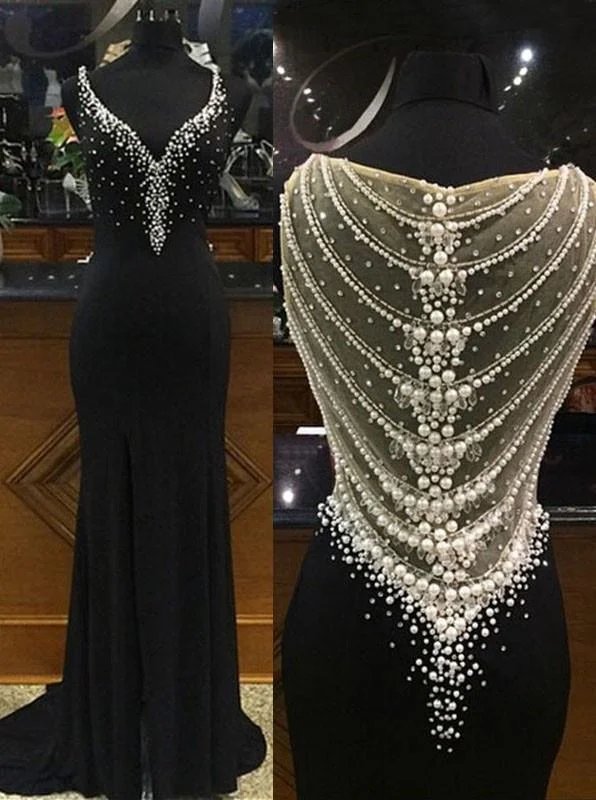 black prom dress, charming prom dress, v-neck prom gown, beaded prom dress, evening gown, BD148 Velvet unclassified dresses