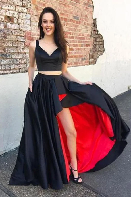 Black Red A-line Two Piece Satin Prom Dress, PD2302220 Formal unclassified dresses