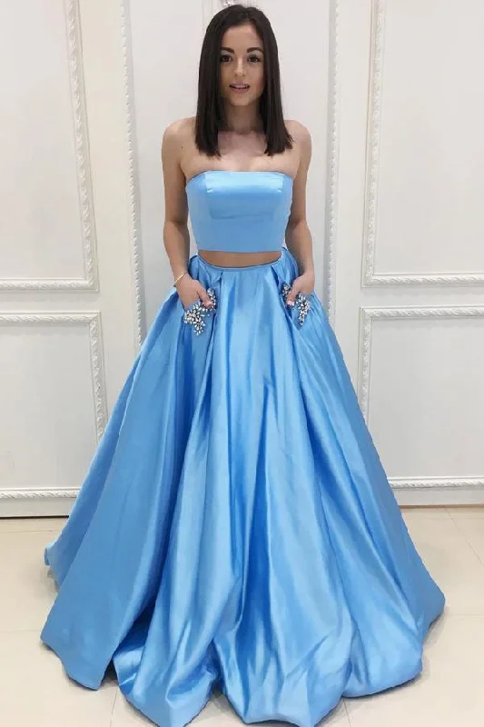 Blue A-line Strapless Two Piece Prom Dress with Pocket, PD2302223 Boho unclassified dresses