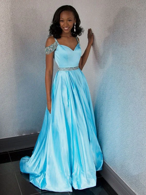 Blue Beaded A-Line Prom Dress with Sweetheart Neckline and Off-the-Shoulder Design, PD2303154 Breathable unclassified dresses