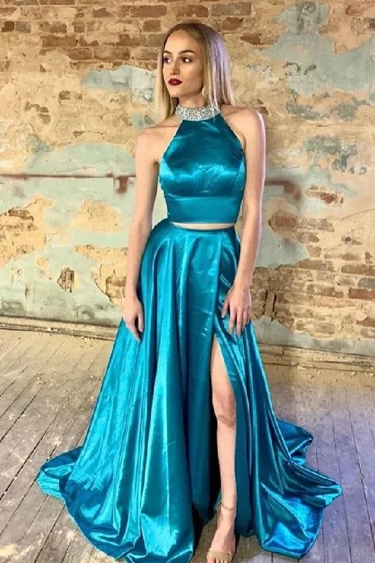 Blue Beaded Two-Piece High Neck A-Line Prom Dress, PD2303314 Party unclassified dresses