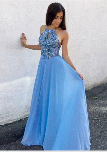 Blue Chiffon Halter Backless Princess A-Line Prom Dress, PD2310042 Satin unclassified dresses