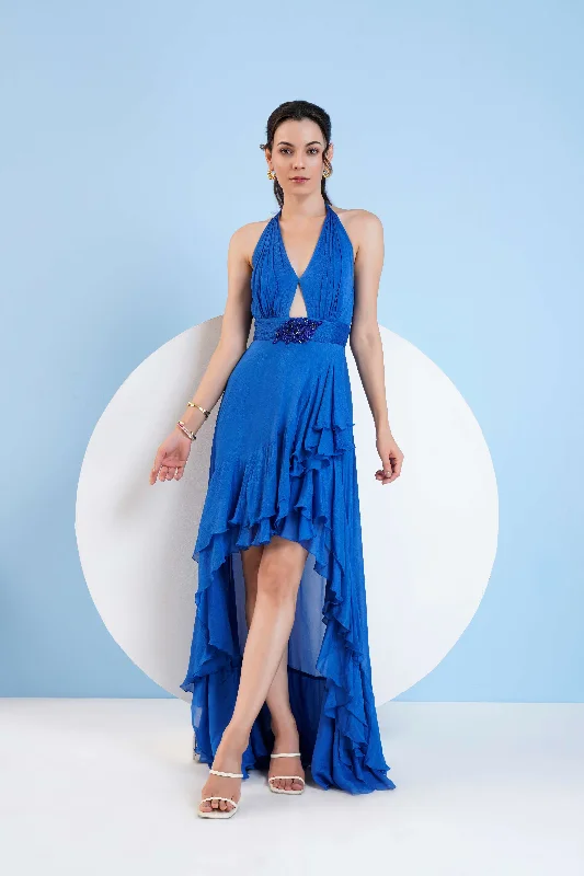 BlUE HALTER NECK  DRESS WITH EMBROIDERY AT WAIST Boho unclassified dresses