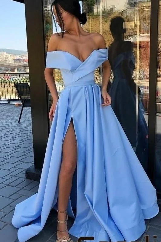 Blue Off-the-Shoulder A-Line Prom Dress with Side Slit and Satin Fabric, PD2303083 Striped unclassified dresses