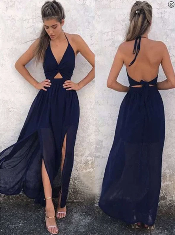 blue two pieces halter prom dress, backless evening dress, PD4120 Sexy unclassified dresses