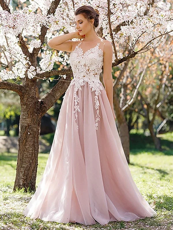 Blushing Pink A-line Chiffon Applique Prom Dress, PD2303139 Tulle unclassified dresses