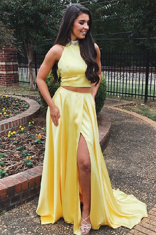 Bright Yellow Two Piece Halter Neck Prom Dress with Beadings and High Slit, PD2302225 Backless unclassified dresses