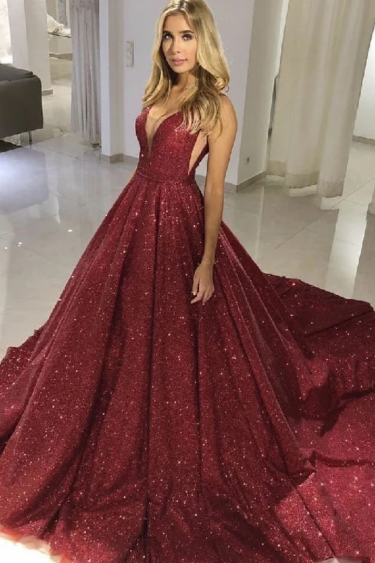 Burgundy Bling-Bling Sequence V-Neck A-Line Prom Dress, PD2303316 Stretchy unclassified dresses