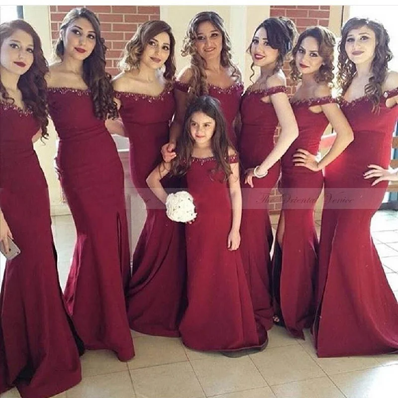 burgundy off shoulder elegant mermaid bridesmaid dresses, BD2022 Office unclassified dresses