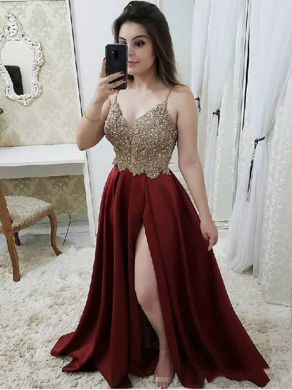 Burgundy Satin Split-front Gold Applique Beaded Spaghetti Straps Sleeveless Prom Dress, PD23031317 Off-shoulder unclassified dresses