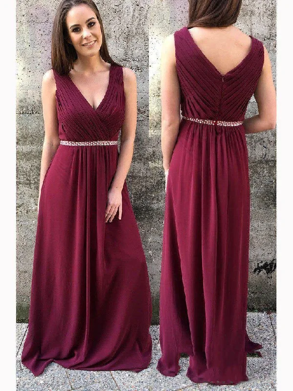 Burgundy Sheath V-Neck Pleated Chiffon Prom Dress with Beaded Detail, PD2303156 Monochrome unclassified dresses