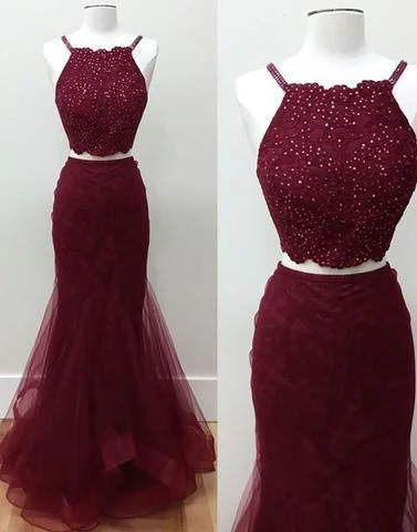 burgundy two pieces floor-length mermaid prom dress, PD1308 Denim unclassified dresses