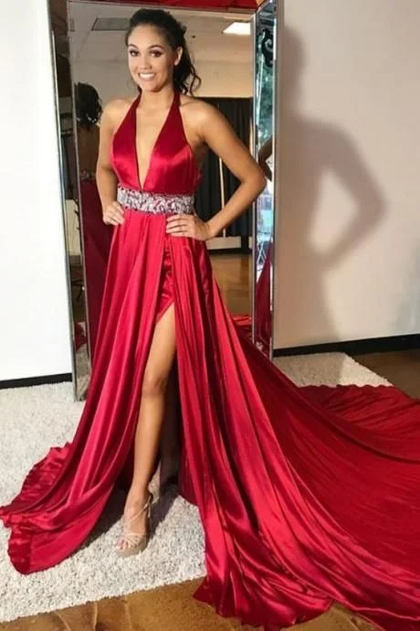 Burgundy V-Side Slit A-Line Satin Prom Dress - Princess, PD2303283 Designer unclassified dresses