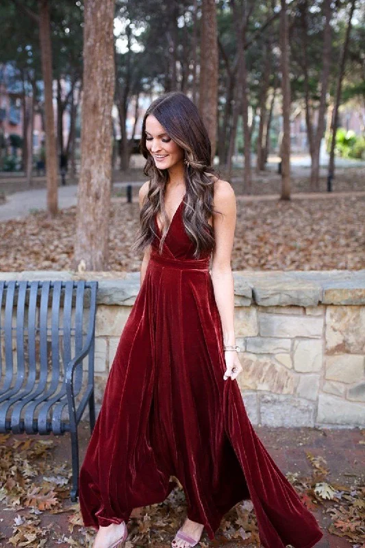 Burgundy Velvet A-Line Prom Dresses with V-Neck and Backless Design, PD23030123 Everyday wear unclassified dresses