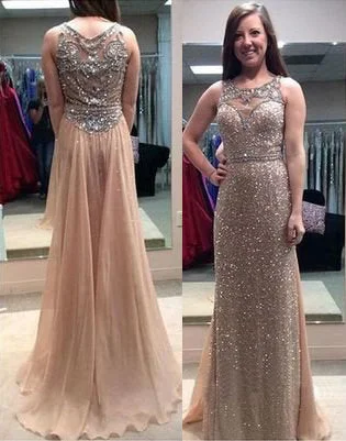 Champagne A-Line Sleeveless Natural Chiffon SweepBrush Train Prom Dress, PD2306110 Date night unclassified dresses