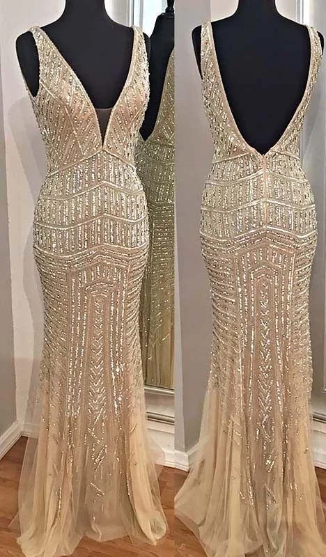 Champagne Deep V-Neck Prom Dress with Beads, PD2306112 Bold pattern unclassified dresses