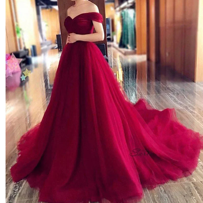 Charismatic Ball Gown Court Train Prom dresses off the shoulder Elegant Gown Engagement Dresses Dark color unclassified dresses